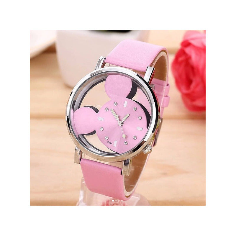 RELOJ NIÑA MUJER ROSA DISEÑO MINNIE REGALO ROSA PLATEADO ROSA