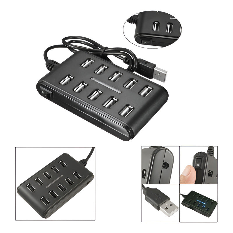 HUB USB 10 PUERTOS LUZ LED NEGRO