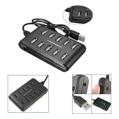HUB USB 10 PUERTOS LUZ LED NEGRO