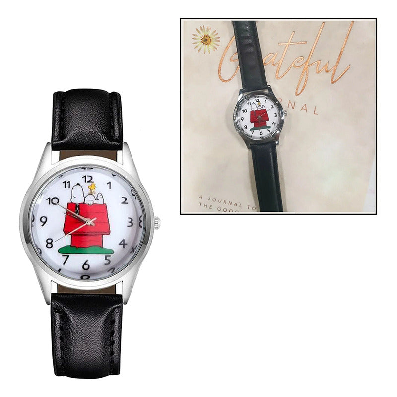RELOJ SNOOPY CASA LUJO CORREA CUERO MUJER NEGRO CROMADO BLANCO