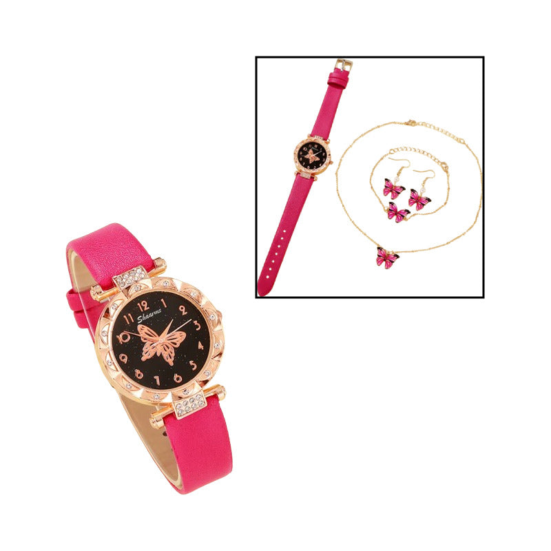 SET 4 PIEZAS RELOJ MUJER LUJO PULSERA ARETES COLLAR MARIPOSA ROSA CHICLE DORADO OSCURO NEGRO