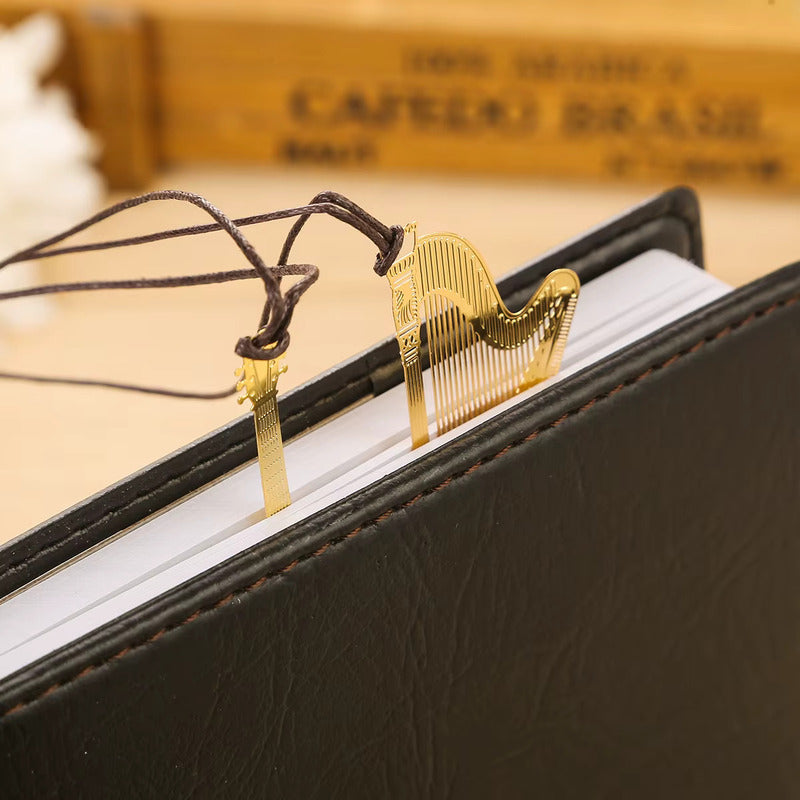 MARCA PÁGINAS ARPA LIBRO MÚSICA  REVISTA NOTAS PAPEL AGENDA DORADO ARPA