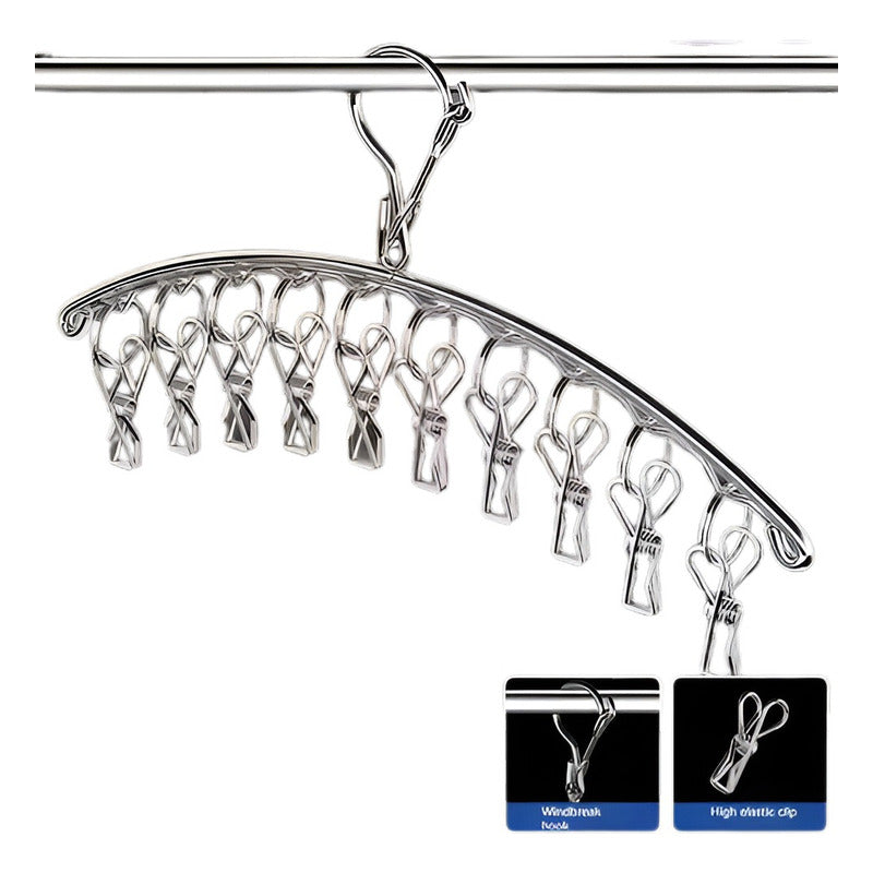 GANCHO ROPA INTERIOR MEDIAS METALICO ARCO 10 CLIPS DURABLE PLATEADO