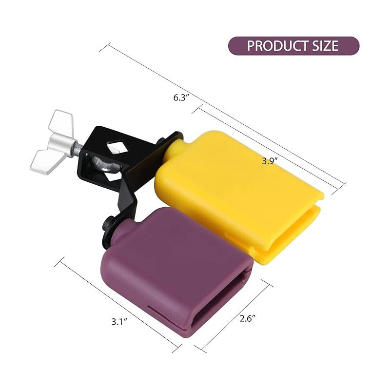 CAMPANA DOBLE PERCUSIÓN TIMBAL BATERÍA CLAVE SALSA LATIN MORADO Y AMARILLO