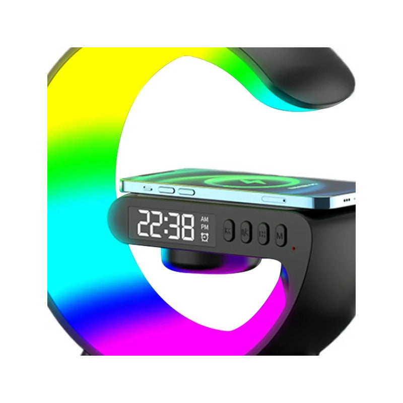 CARGADOR CELULAR INALAMBRICO RGB RELOJ SPEAKER BLUETOOH NEGRO