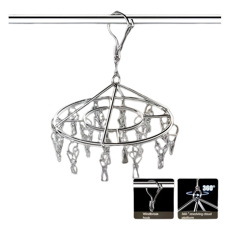 GANCHO ROPA INTERIOR MEDIAS METALICO REDONDO 20 CLIPS FUERTE PLATEADO