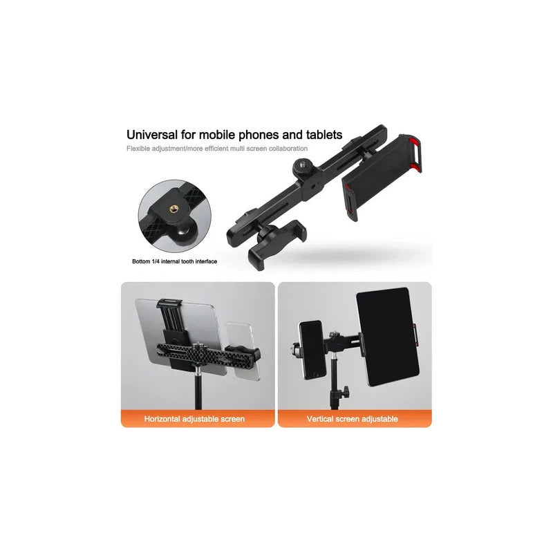 BASE SOPORTE UNIVERSAL DOBLE TABLET CELULAR ROSCA 1/4 TRIPOD NEGRO