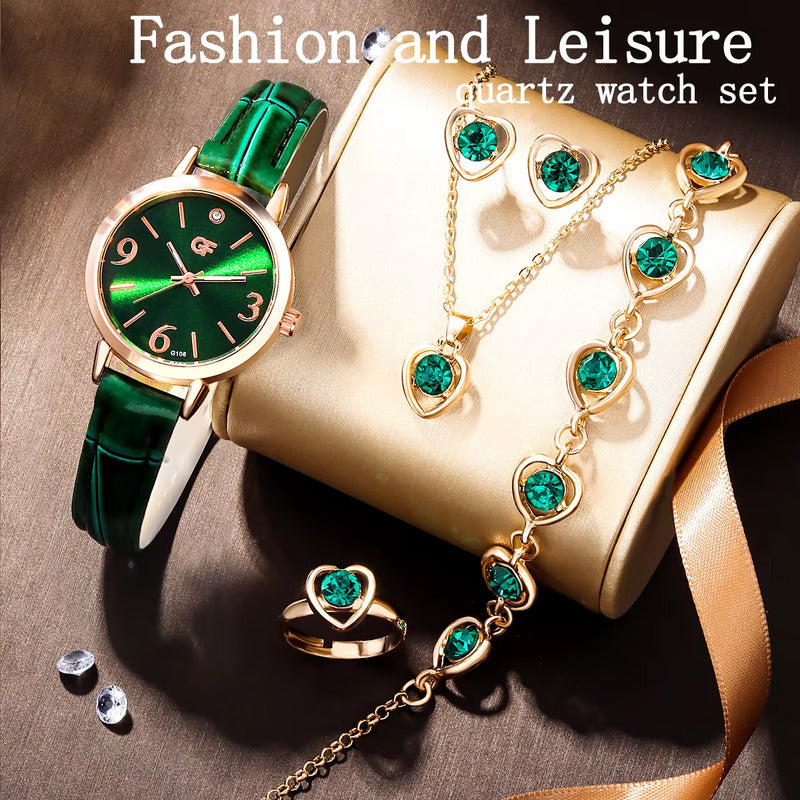 SET 6 PIEZAS RELOJ VERDE ESMERALDA ANILLO PULSERA ARETES VERDE MUSGO DORADO OSCURO VERDE MUSGO