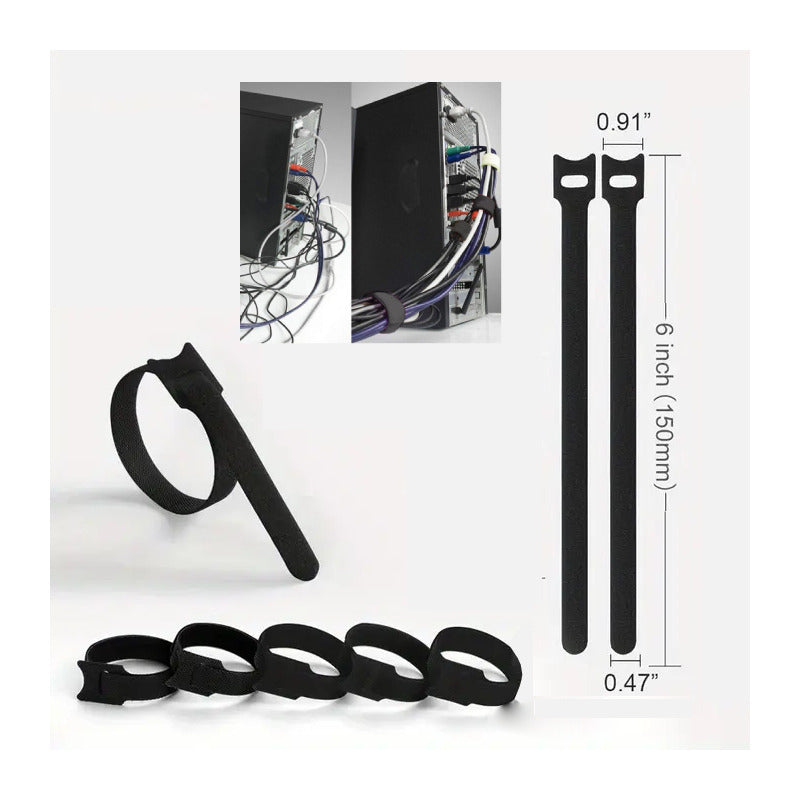 5X ORGANIZADOR CABLES ATACABLES VELCRO ORIFICIO FIJACIÓN NEGRO