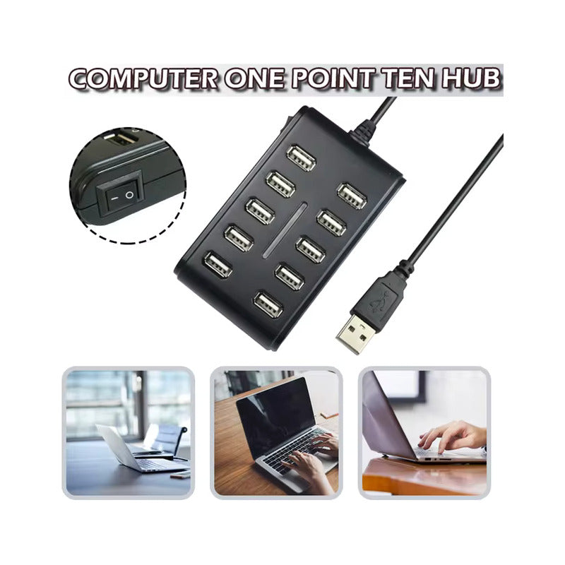 HUB USB 10 PUERTOS LUZ LED NEGRO