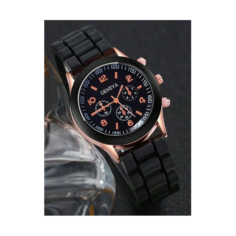 SET RELOJ MUJER LUJO 5 PULSERAS ANÁLOGO CORAL BRILLANTE NEGRO NEGRO NEGRO