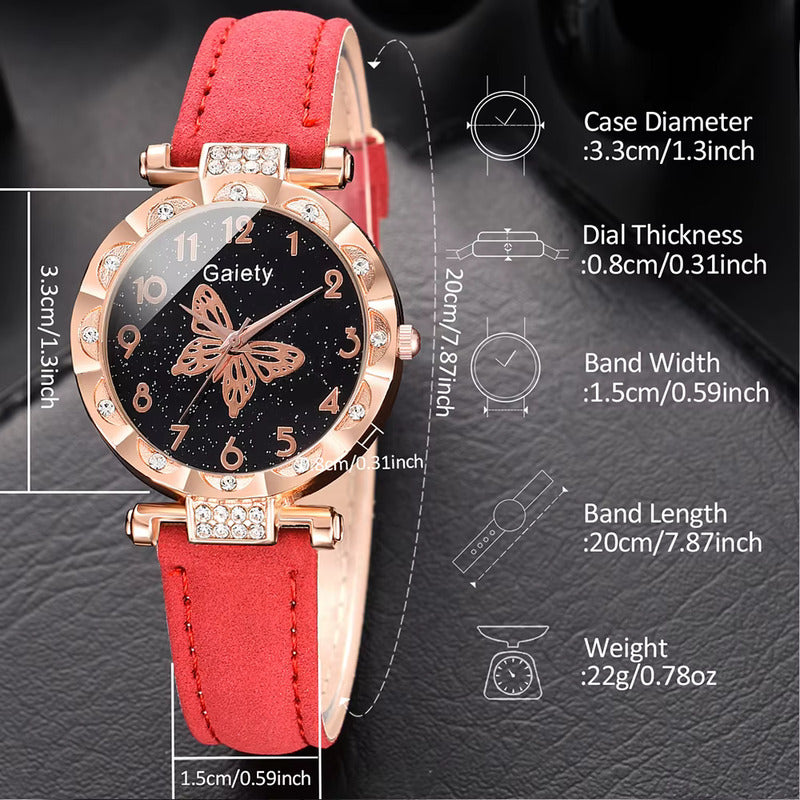SET 2 PIEZAS RELOJ MUJER LUJO PULSERA MARIPOSA ROSA BLANCO ROSA CHICLE DORADO OSCURO NEGRO