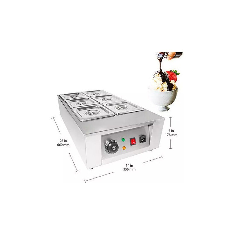 FONDUE MÁQUINA DERRETIR CHOCOLATE 6 PUESTOS COMERCIAL ACERO PLATEADO