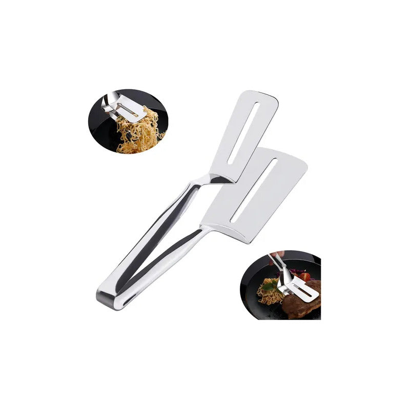 ESPÁTULA DOBLE PINZA COCINA CARNE BISTEC ACERO INOXIDABLE PLATEADO