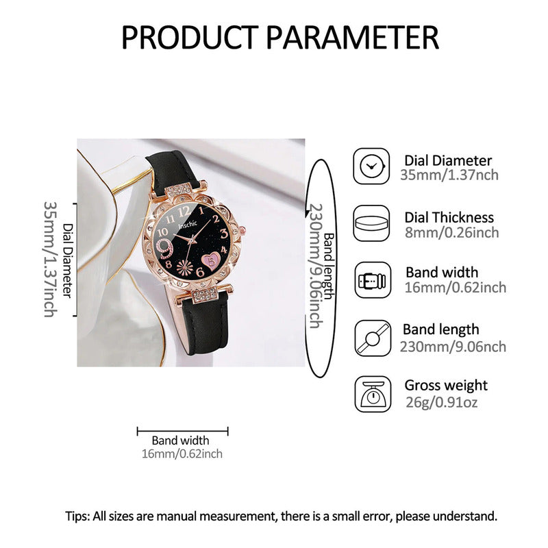 SET RELOJ MUJER LUJO 5 PULSERAS ANÁLOGO CORAL BRILLANTE NEGRO CORAL CLARO NEGRO