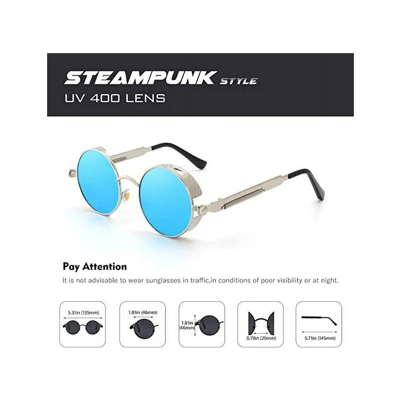 GAFAS SOL POLICARBONATO UV REDONDAS STEAMPUNK FASHION AZUL REDONDO AZUL ACERO PLATEADO PLATEADO