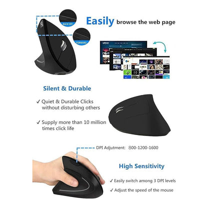 MOUSE GAMER VERTICAL ERGONÓMICO ÓPTICO INALÁMBRICO DPI USB NEGRO