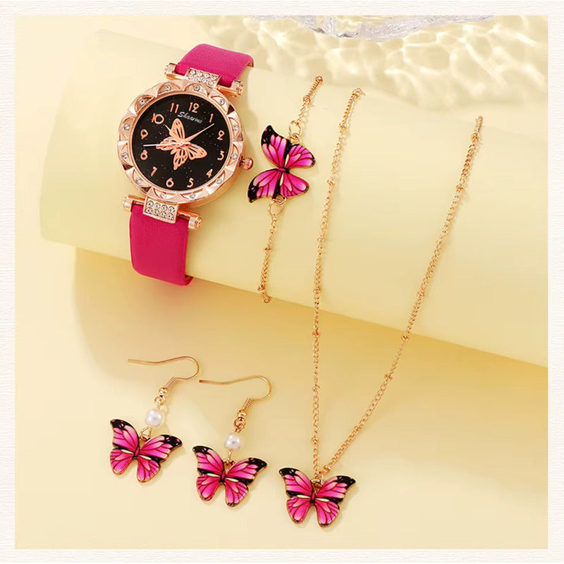 SET 4 PIEZAS RELOJ MUJER LUJO PULSERA ARETES COLLAR MARIPOSA ROSA CHICLE DORADO OSCURO NEGRO
