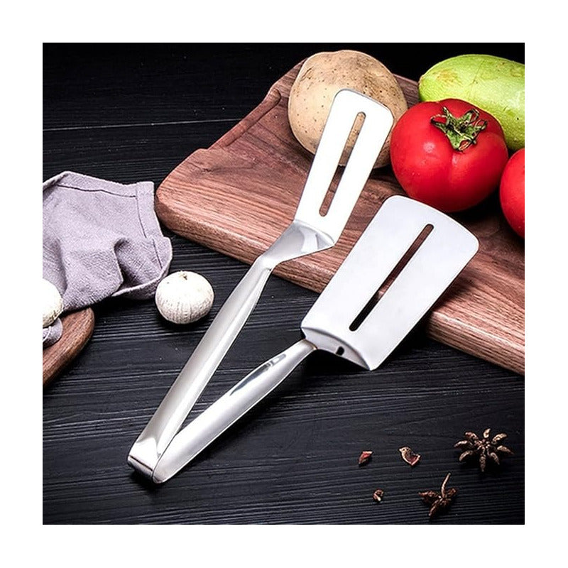 ESPÁTULA DOBLE PINZA COCINA CARNE BISTEC ACERO INOXIDABLE PLATEADO