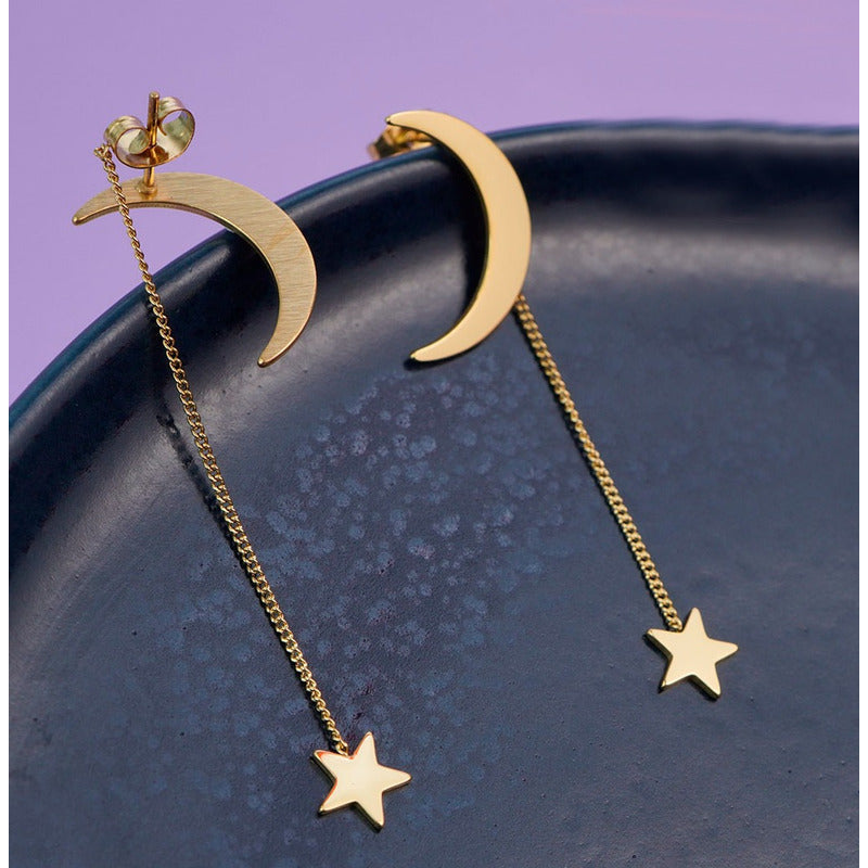 PENDIENTES ARETES STAR MOON CADENA LARGA DORADO OSCURO