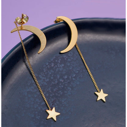 PENDIENTES ARETES STAR MOON CADENA LARGA DORADO OSCURO