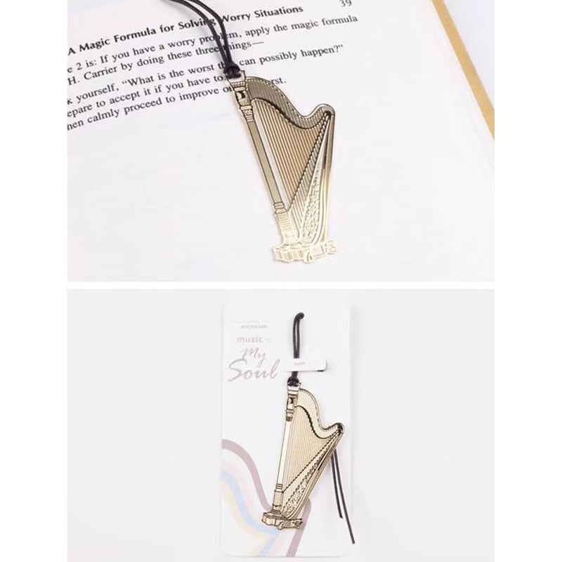 MARCA PÁGINAS ARPA LIBRO MÚSICA  REVISTA NOTAS PAPEL AGENDA DORADO ARPA