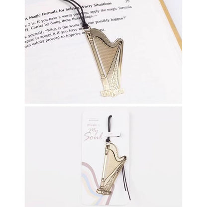 MARCA PÁGINAS ARPA LIBRO MÚSICA  REVISTA NOTAS PAPEL AGENDA DORADO ARPA