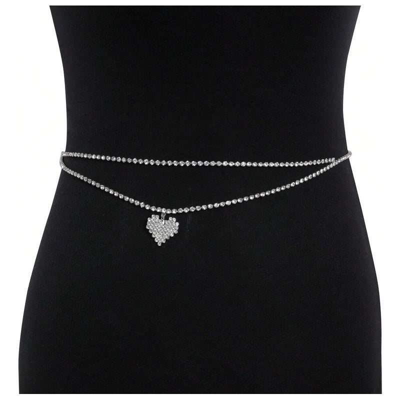 CADENA CINTURA CORAZON AMOR INCRUSTACION PIEDRAS MODA FASHIO PLATEADO