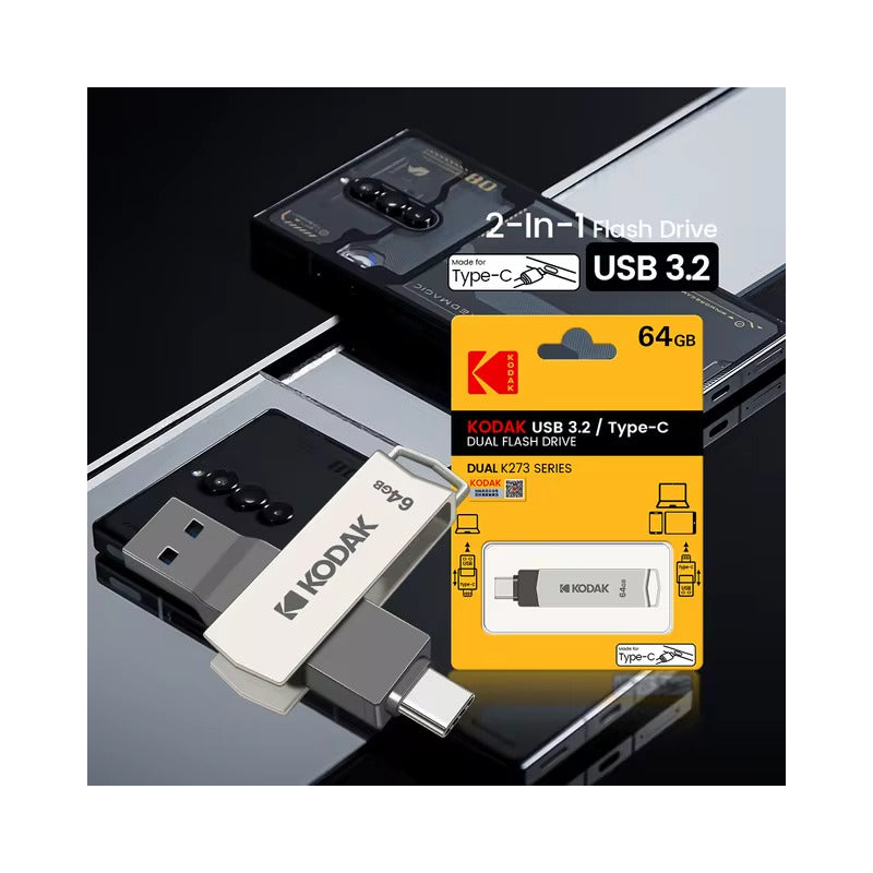 MEMORIA DUAL KODAK 64GB ALTA VELOCIDAD 3.2 OTG TIPO C METAL PLATEADO METALICA
