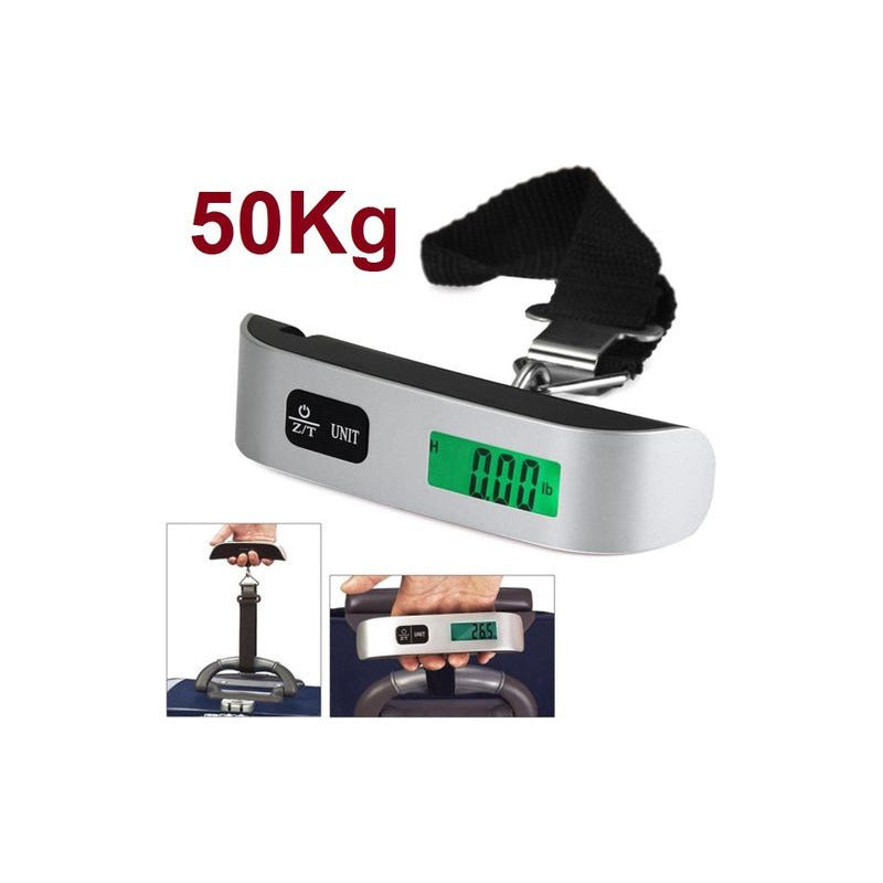 BÁSCULA DIGITAL VIAJERA PORTÁTIL 50KG PANTALLA LCD ILUMINADA NEGRO PLATEADO