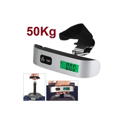 BÁSCULA DIGITAL VIAJERA PORTÁTIL 50KG PANTALLA LCD ILUMINADA NEGRO PLATEADO