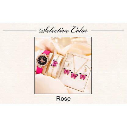 SET 4 PIEZAS RELOJ MUJER LUJO PULSERA ARETES COLLAR MARIPOSA ROSA CHICLE DORADO OSCURO NEGRO
