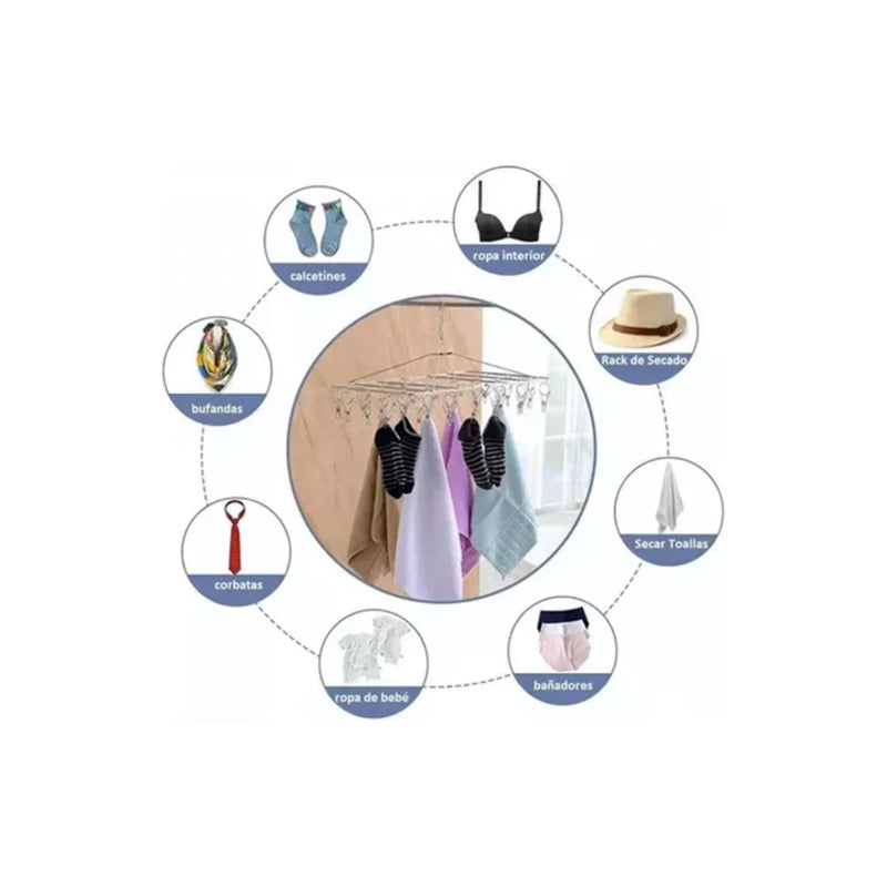 GANCHO ROPA INTERIOR MEDIAS METALICO CUADRADO 20 CLIPS SOLID PLATEADO