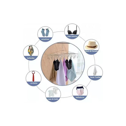 GANCHO ROPA INTERIOR MEDIAS METALICO CUADRADO 20 CLIPS SOLID PLATEADO