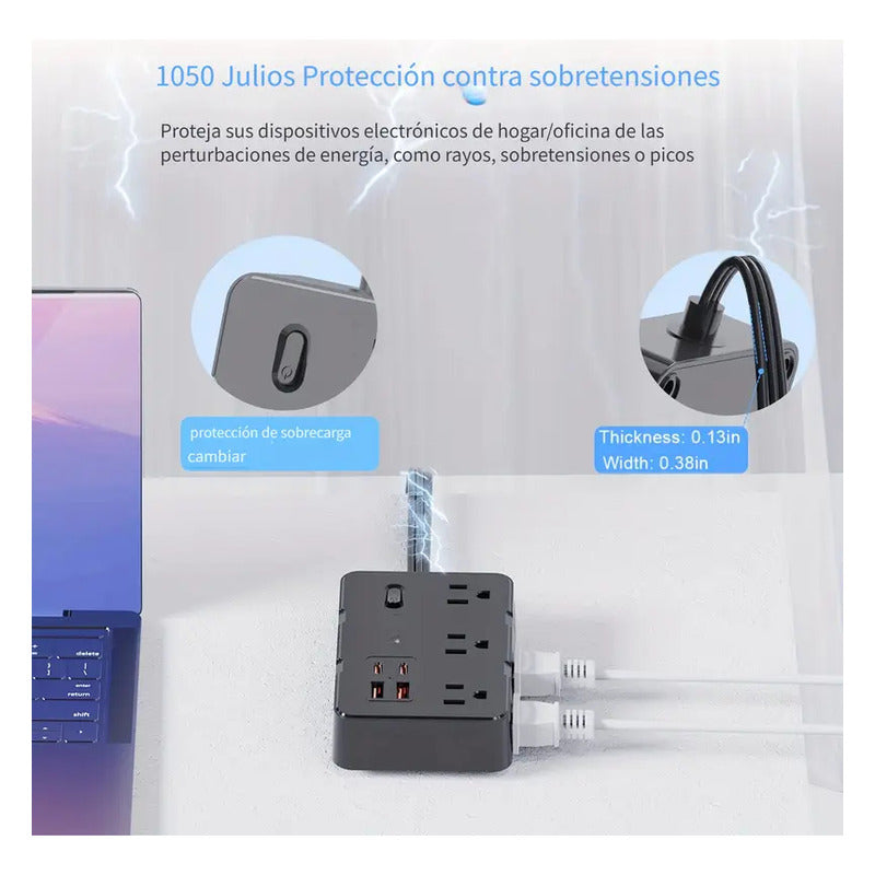 MULTITOMA 6 SALIDAS 2 USB 2 TIPO C NEGRO SWITCH ENCENDIDO NEGRO 110V