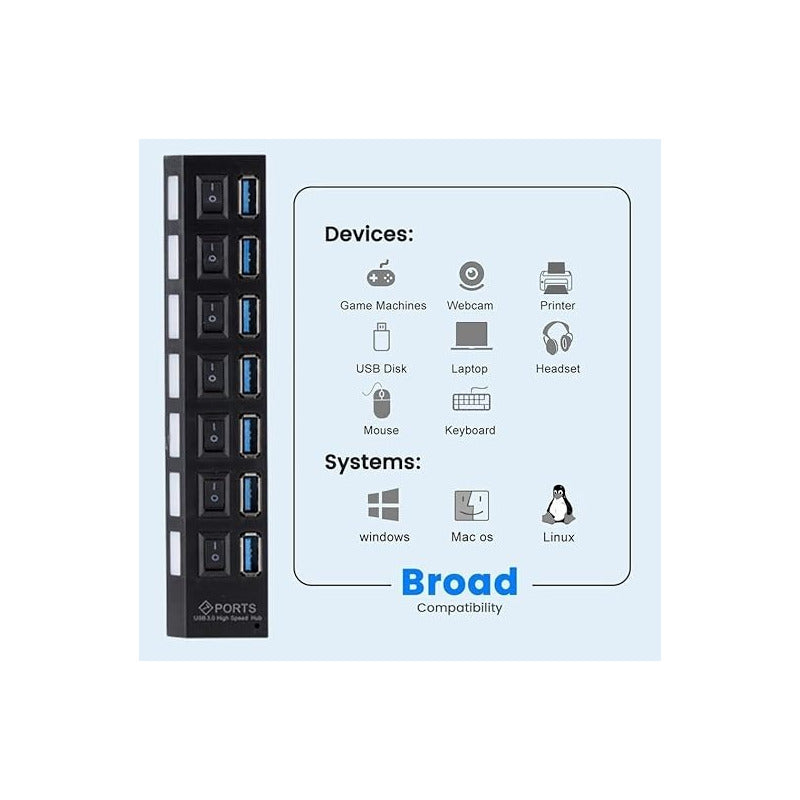 HUB USB 2.0 7 PUERTOS LED INTERRUPTOR INDIVIDUAL NEGRO