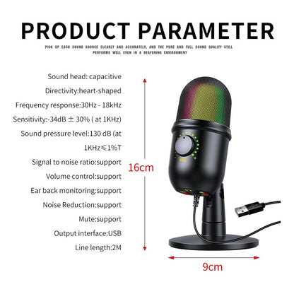 MICROFONO PODCAST USB LUZ LED RGB CARDIOIDE CONDENSADOR PRO NEGRO