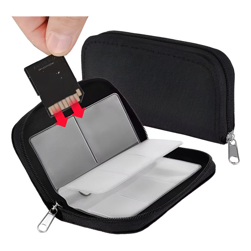 ESTUCHE TARJETAS MEMORIA SD FLASH 22 ESPACIOS BOLSILLOS NEGRO