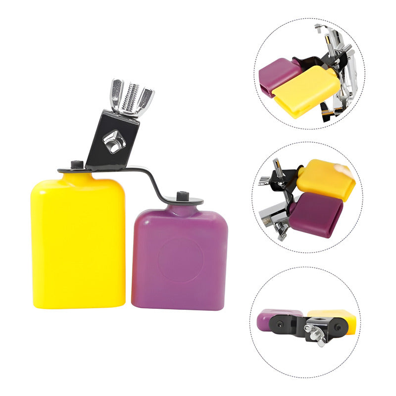 CAMPANA DOBLE PERCUSIÓN TIMBAL BATERÍA CLAVE SALSA LATIN MORADO Y AMARILLO