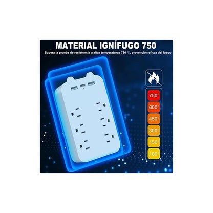 MULTITOMA 8 SALIDAS 4 USB 2 TIPO C NEGRO SWITCH ENCENDIDO BLANCO 110V