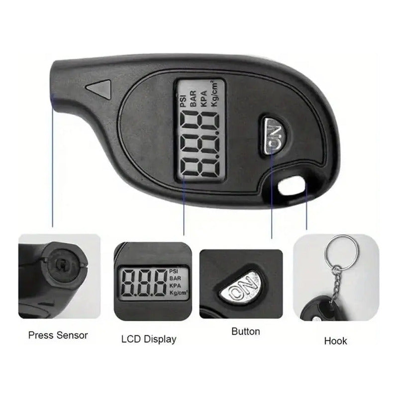 MEDIDOR PROBADOR DIGITAL PRESIÓN AIRE LLANTAS VEHÍCULO CARRO NEGRO