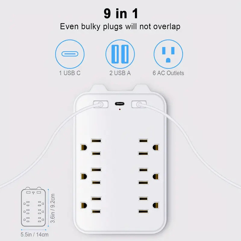 MULTITOMA 8 SALIDAS 4 USB 2 TIPO C NEGRO SWITCH ENCENDIDO BLANCO 110V