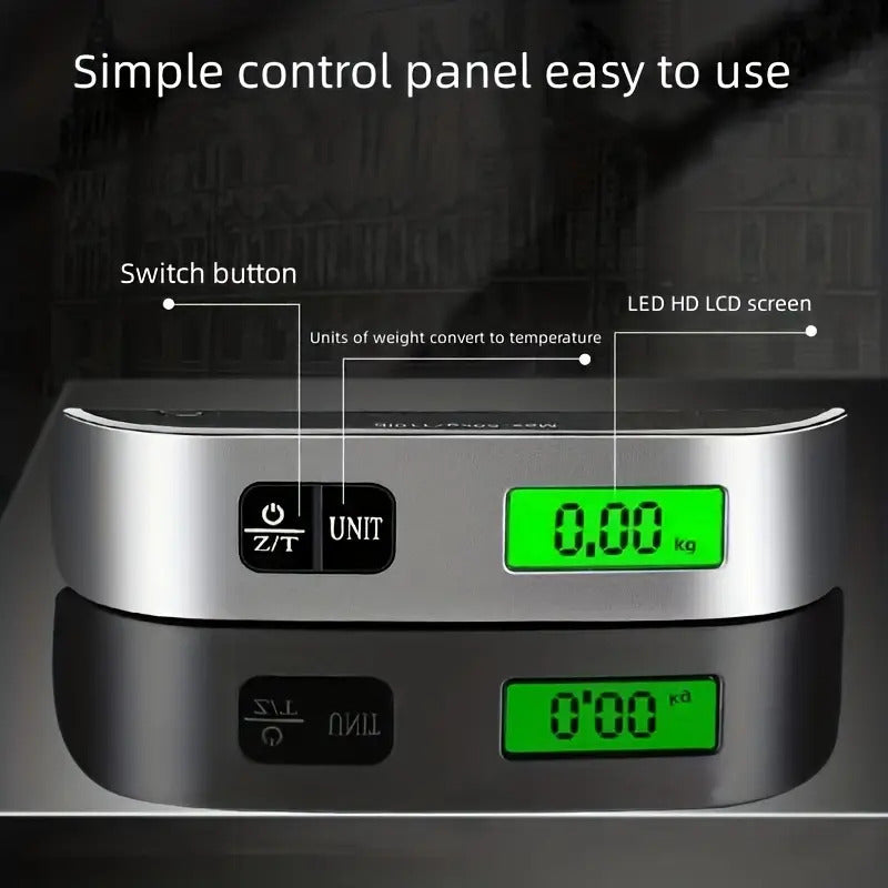 BÁSCULA DIGITAL VIAJERA PORTÁTIL 50KG PANTALLA LCD ILUMINADA NEGRO PLATEADO