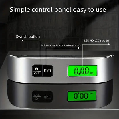 BÁSCULA DIGITAL VIAJERA PORTÁTIL 50KG PANTALLA LCD ILUMINADA NEGRO PLATEADO