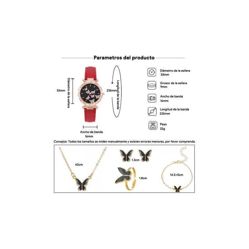 SET 5 PIEZAS RELOJ MUJER LUJO MARIPOSAS FASHION ELEGANTE ROSA CHICLE DORADO OSCURO NEGRO