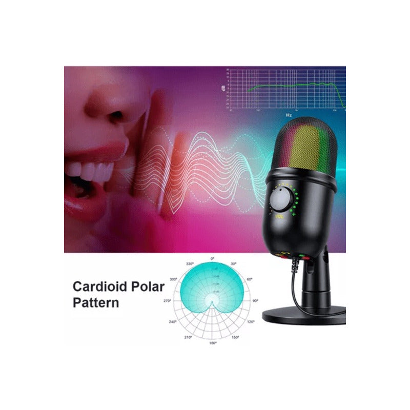 MICROFONO PODCAST USB LUZ LED RGB CARDIOIDE CONDENSADOR PRO NEGRO