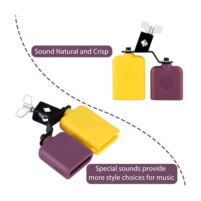 CAMPANA DOBLE PERCUSIÓN TIMBAL BATERÍA CLAVE SALSA LATIN MORADO Y AMARILLO