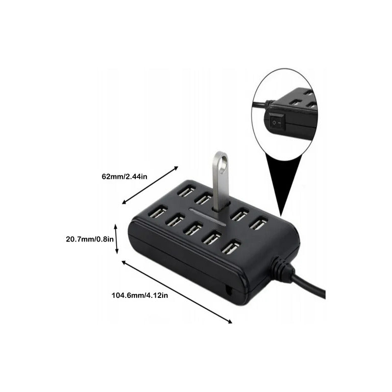 HUB USB 10 PUERTOS LUZ LED NEGRO