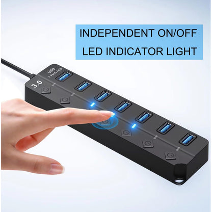 HUB USB 7 PUERTOS 3.0 LUZ LED INTERRUPTOR INDEPENDIENTE NEGRO