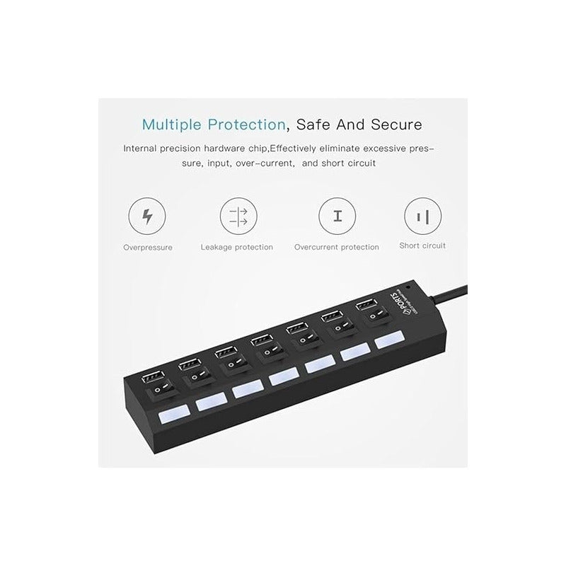 HUB USB 2.0 7 PUERTOS LED INTERRUPTOR INDIVIDUAL NEGRO